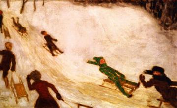 Children Sledding Artwork by Franz von Stuck