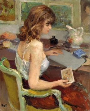Young Woman With A Print Card Artwork by Marcel Dyf