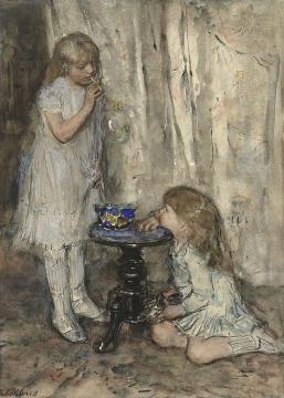 Two Girls, Daughters Of The Artist, Blowing Bubbles Artwork by Jacob Maris