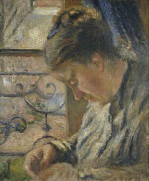 Portrait of Madame Pissarro Sewing near a Window Artwork by Camille Pissarro