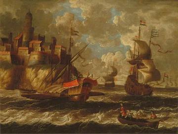 Dutch Men O'war In A Squall Off A Coastal Town Artwork by Peter van den Velde