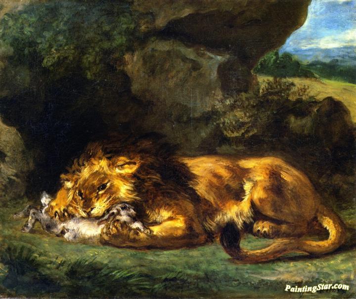 Lion Devouring a Rabbit Artwork by Eugène Delacroix