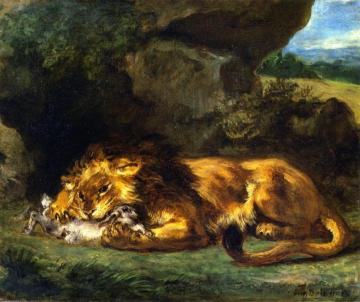 Lion Devouring a Rabbit Artwork by Eugène Delacroix