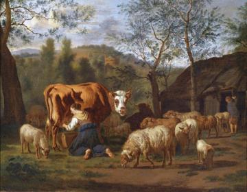 Maid Milking A Cow, A Goat In Front Of The Barn Artwork by Adriaen van de Velde