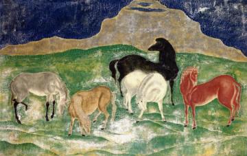 Horses in a Field Artwork by Tsuguharu Foujita