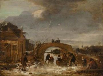 Figures on a Frozen Canal Artwork by Egbert van der Poel