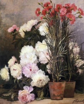 Peonies and Red Carnations Artwork by Jean Capeinick