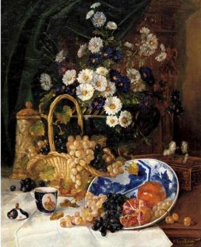 Still life with Flowers and Fruit Artwork by Eugene Henri Cauchois
