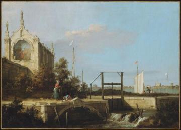 A Sluice on a River with a Chapel Artwork by Giovanni Antonio Canal