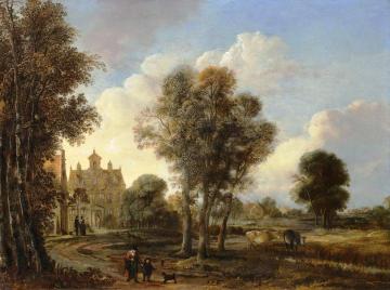 A landscape with figures on a path near a country house Artwork by Aert van der Neer