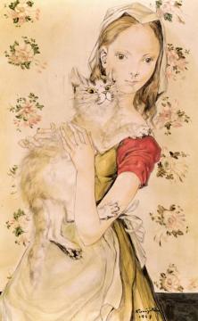 Girl with a White Cat Artwork by Tsuguharu Foujita