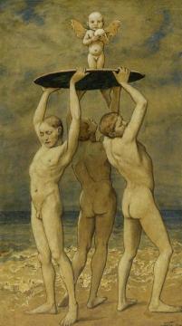 Spring Awakening. Three young men at the beach Artwork by Hans Thoma