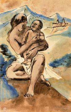 Mother and Child in a Landscape with Castle Artwork by Hermann Max Pechstein