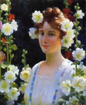 Among The Hollyhocks Artwork by Charles Courtney Curran