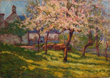 Blossoming apple trees in the garden of a Norman farmhouse Artwork by Wynford Dewhurst