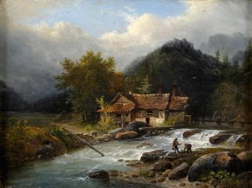 Watermill On The Mountain Stream Artwork by Louis Etienne Watelet
