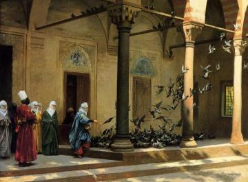 Harem Women Feeding Pigeons in a Courtyard Artwork by Jean Leon Gerome