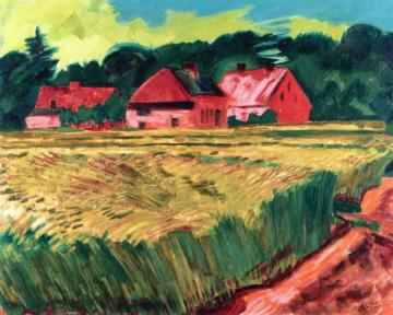 Farmhouses with Wheat Field in Leba Artwork by Hermann Max Pechstein