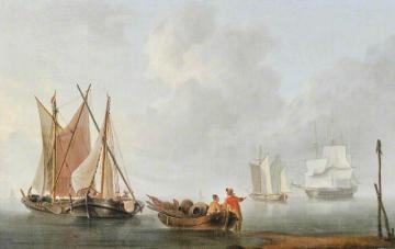 Fishermen and Boats with Two Sailing Ships Beyond Artwork by Charles Martin Powell