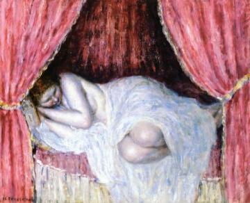 Nude Behind Red Curtains Artwork by Frederick Carl Frieseke