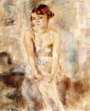 Young Woman Seated in a Chemise Artwork by Jules Pascin