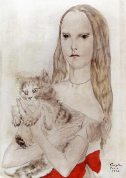Girl with Cat Artwork by Tsuguharu Foujita