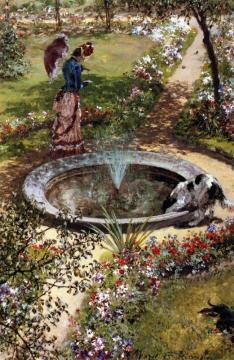 Lady Walking By A Fountain In The Kissingen Spa Garden Artwork by Adolph von Menzel