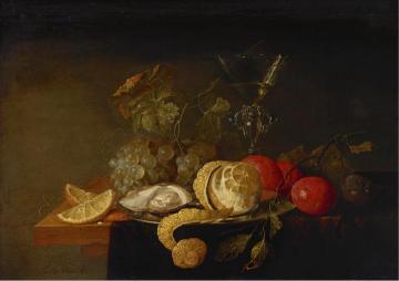 Still Life with a Peeled Lemon, Orange Slices, an Oyster, Plums, etc. Artwork by Jan Davidsz De Heem