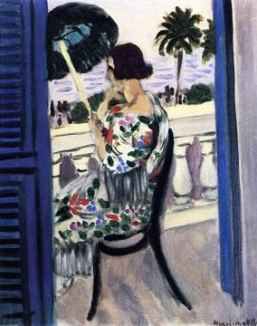 Woman on a Balcony with Green Umbrella in Profile Artwork by Henri Matisse