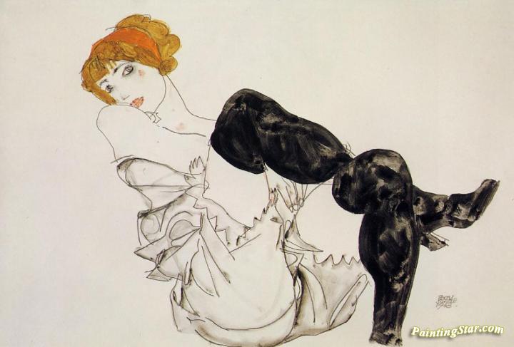 Woman in Black Stockings Artwork by Egon Schiele