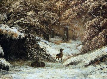 Deer Taking Shelter in Winter Artwork by Gustave Courbet