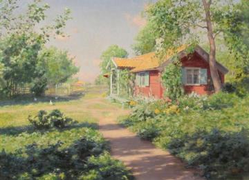 Sunny summer landscape with red cottage Artwork by Johan Krouthén