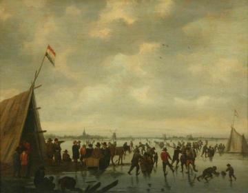 Skating Scene with a Tent and Numerous Figures on a Wide River Artwork by Egbert van der Poel