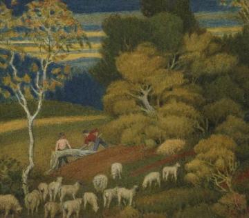 Landscape With Sheep And Woodmen Artwork by Joseph Edward Southall