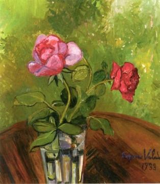 Two Roses In A Glass Artwork by Suzanne Valadon