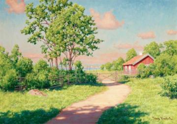 Summer landscape with red cottage Artwork by Johan Krouthén