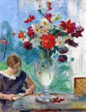 Girl Reading and Vase of Flowers Artwork by Henri Lebasque