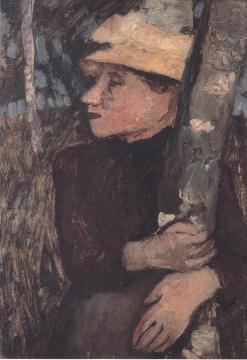 Woman with Straw Hat at the Birch Artwork by Paula Modersohn-Becker