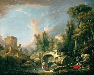 Paysage Fluvial Avec Ruine Et Pont Artwork by Francois Boucher