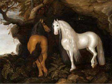 Two Horses Standing in a Wooded Landscape, before a Cave Artwork by Ambrosius Bosschaert