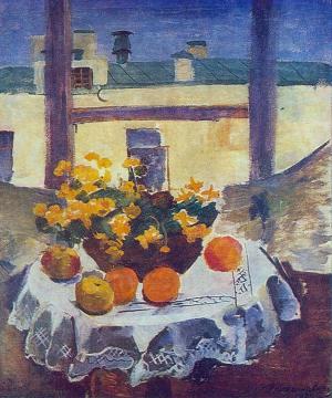 Table with fruits and yellow flowers Artwork by Pyotr Konchalovsky