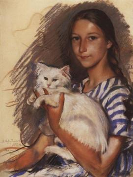 Portrait of Natasha Lancere with a Cat Artwork by Zinaida Serebriakova