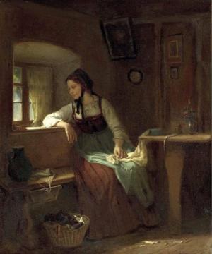 Young Peasant Girl at the Window Artwork by Ludwig Vollmar