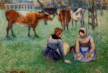 Seated Peasants Watching Cows Artwork by Camille Pissarro