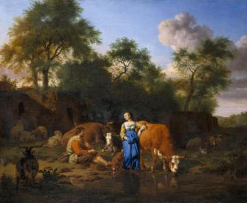 Shepherd And Shepherdess With Cattle By A Stream Artwork by Adriaen van de Velde