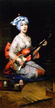 Geisha Playing A Samisen Artwork by Harry Humphrey Moore