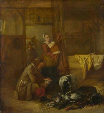 A Man with Dead Birds, and Other Figures, in a Stable Artwork by Pieter de Hooch