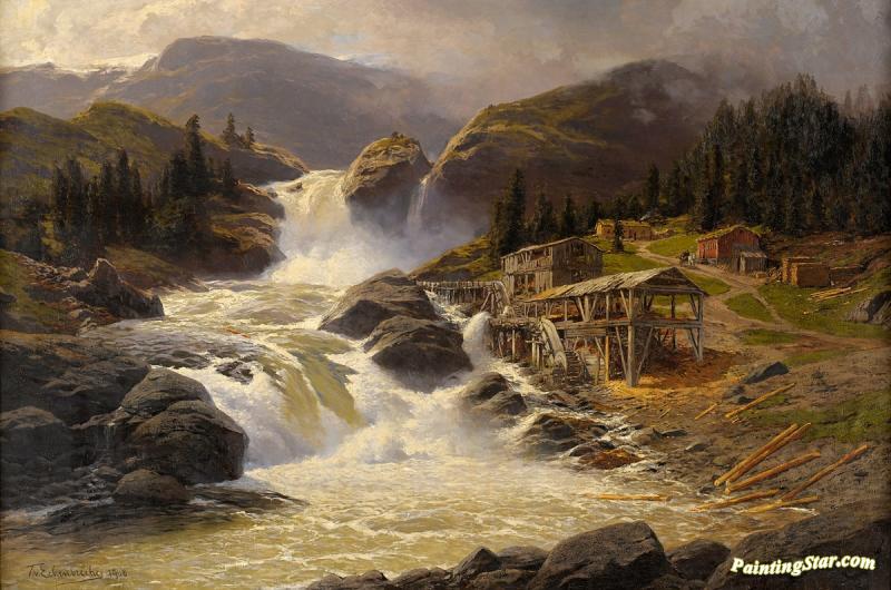 Norwegian Waterfall With Sawmill Artwork by Themistocles von Eckenbrecher