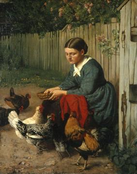 Girl Feeding The Chickens Artwork by Hans Thoma