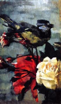 Tit With Roses Artwork by Wilhelm Trübner